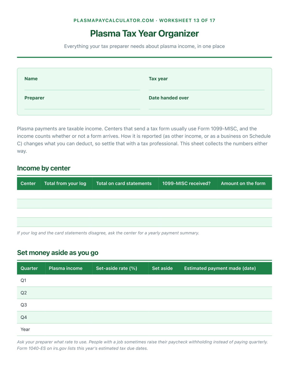 The tax year on one page, ready for your preparer